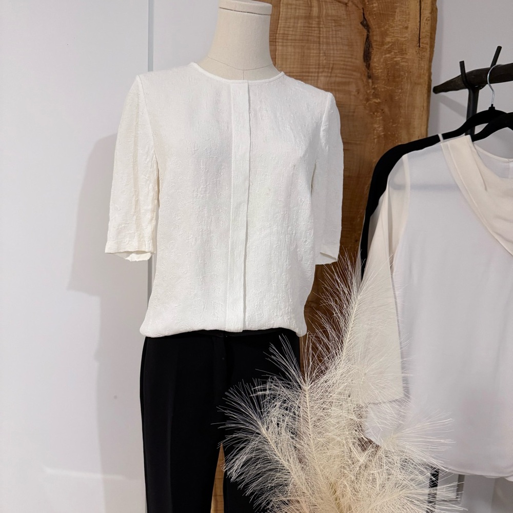 Sandro Cream Blouse with Mandarin Collar, 3/4 Sleeves -seam to elbow is 12inches